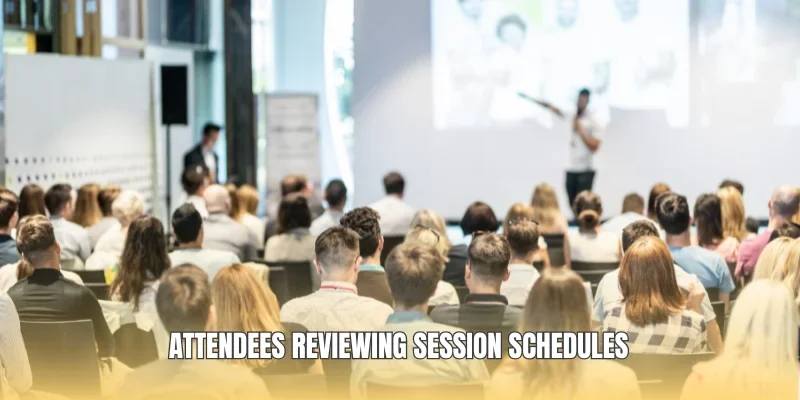 Attendees reviewing session schedules
