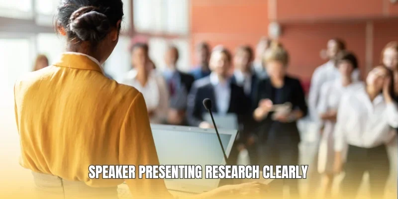 Speaker presenting research clearly