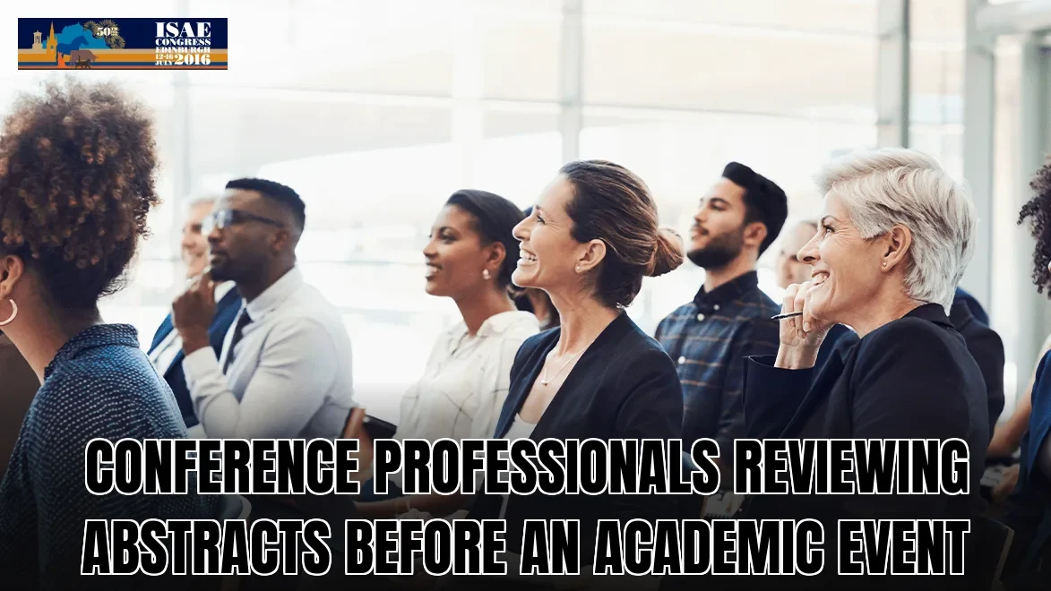 Conference professionals reviewing abstracts before an academic event