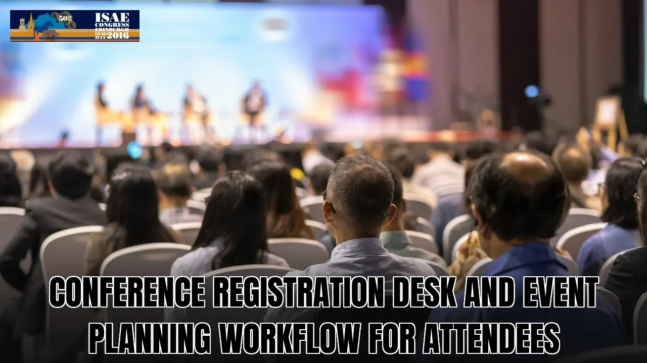 Conference registration desk and event planning workflow for attendees