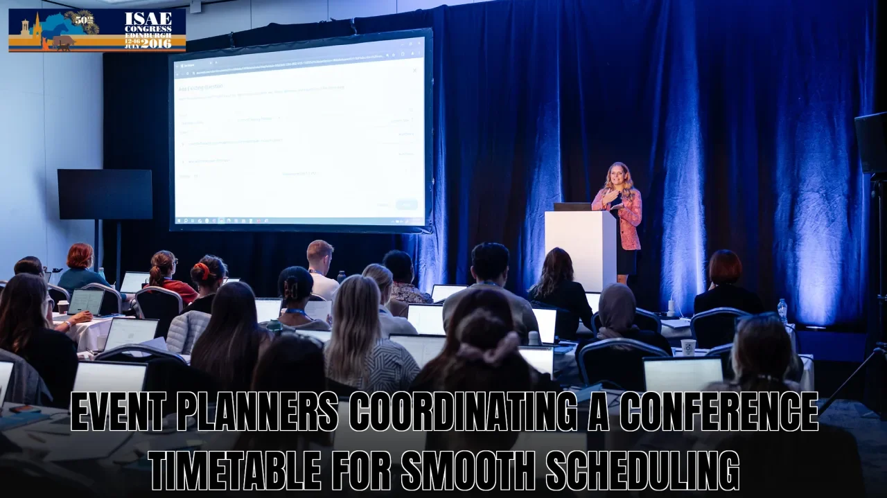 Event planners coordinating a conference timetable for smooth scheduling