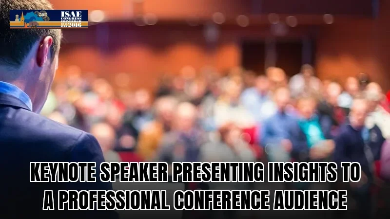 Keynote speaker presenting insights to a professional conference audience