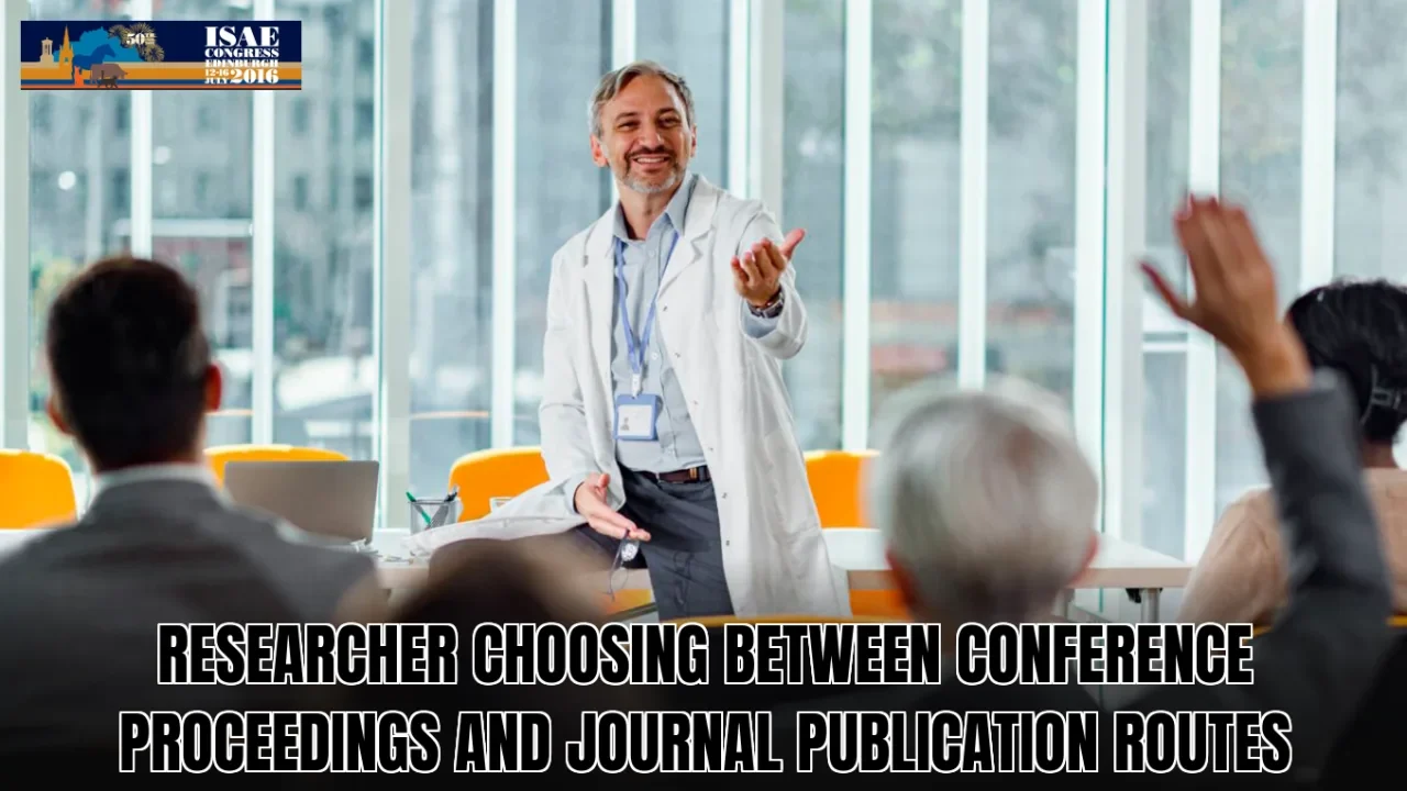 Researcher choosing between conference proceedings and journal publication routes